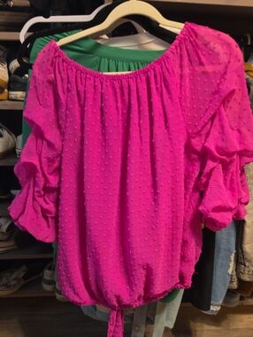 CeCe Bright Fuchsia Off-Shoulder Blouse with Ruffle Sleeves